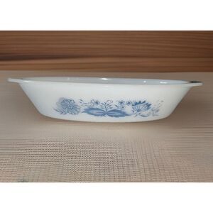Vintage Milk Glass GlassBake “Blue Onion”  “Blue Thistle”  Oval  Divided Dish